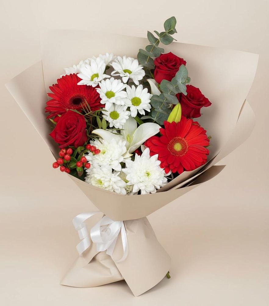 Букет цветов из: Розы, Хризантемы, Герберы и Лилии в Каменецкий